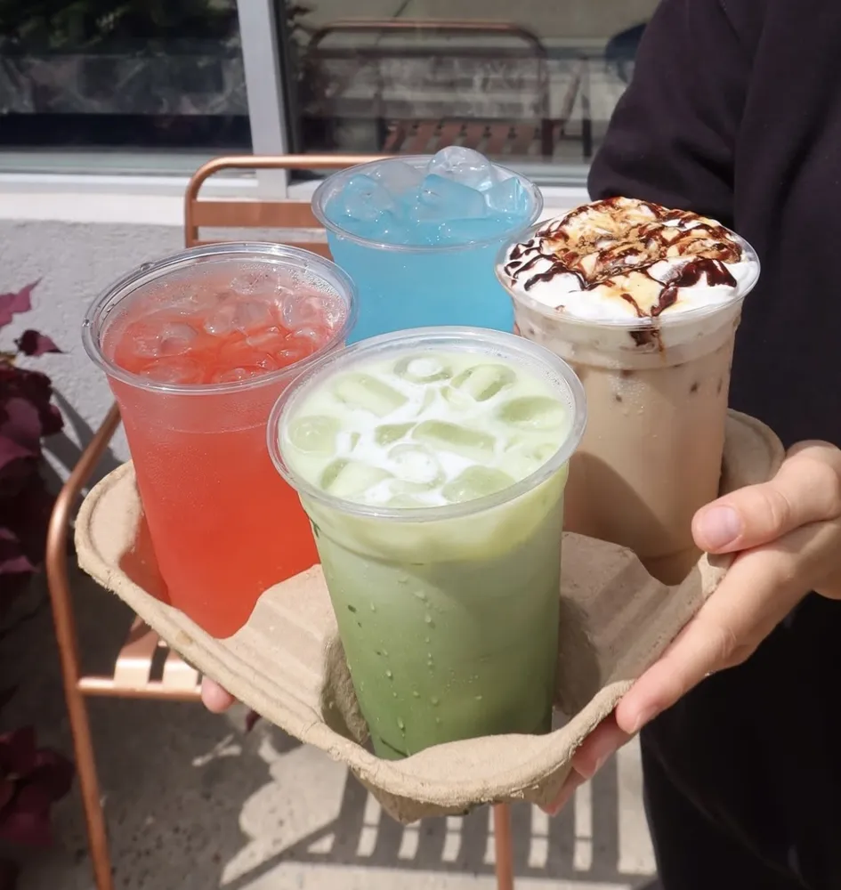 Iced refresher, blue raspberry, iced matcha and a mocha with whipped cream